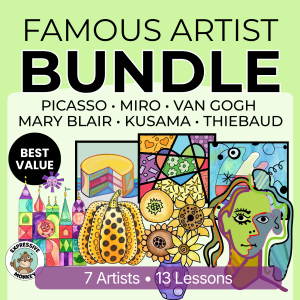 Famous Artist BUNDLE • Picasso • Miro • Van Gogh • Mary Blair • Kusama • Thiebaud. Best Value. 7 Artists, 13 Lessons. These is an image that is a compilation of project samples from the 7 artists mentioned.