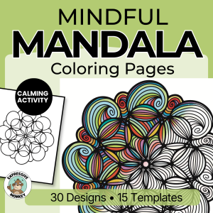 Mindful Mandala Coloring Pages - Calming Activity - 30 Designs - 15 Templates. I sampled a blank template and a half-colored mandala.